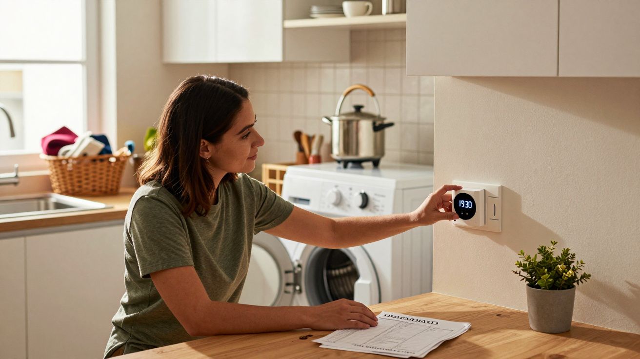 Mulher ajusta termóstato digital na cozinha, enquanto consulta manual. Máquina de lavar e panela ao fundo.