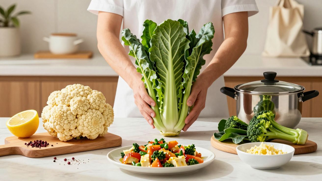Pessoa a segurar couve numa cozinha, rodeada por vegetais frescos, panela e prato de salada colorida.