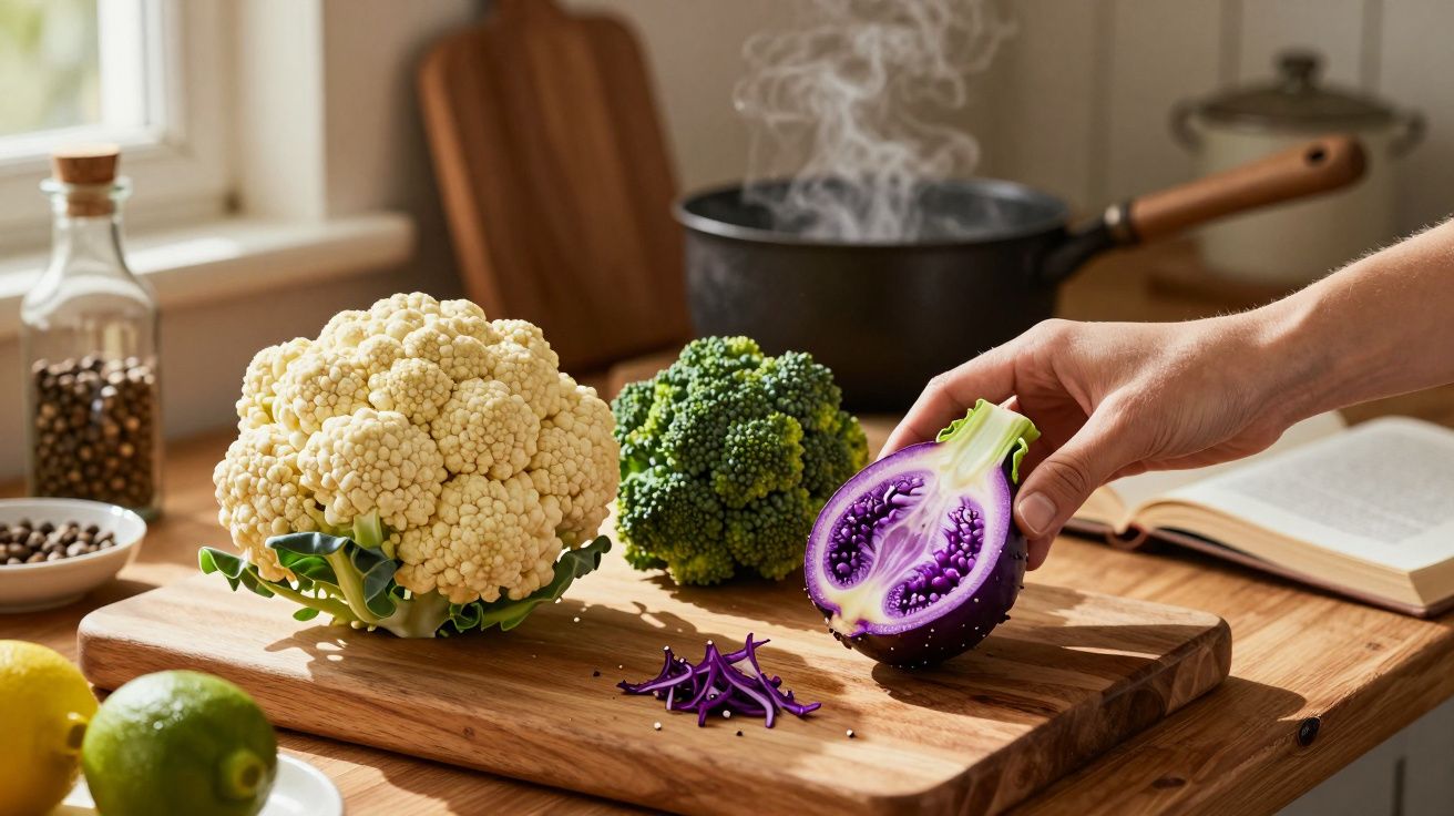 Mão segurando couve-flor roxa cortada, ao lado de couve-flor branca e brócolos numa cozinha iluminada.