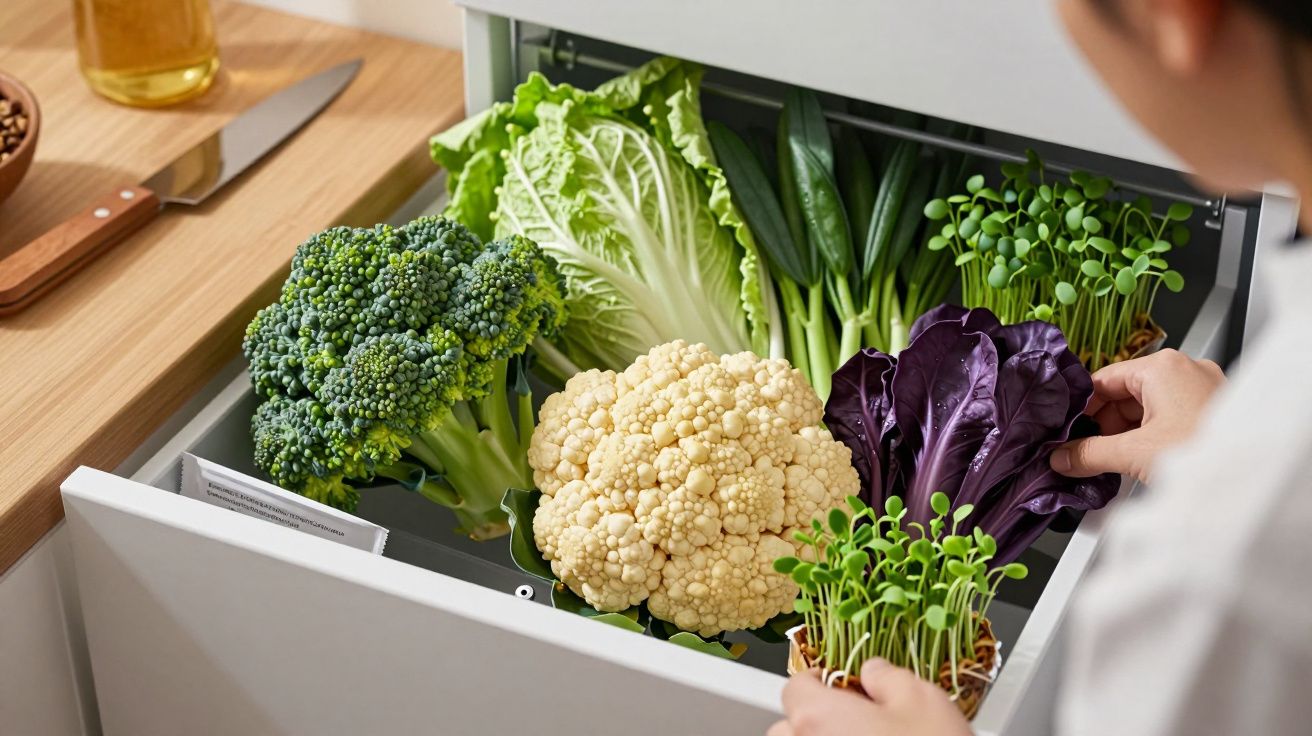 Pessoa organiza verduras frescas numa gaveta de frigorífico, incluindo brócolos, couve-flor e alface.