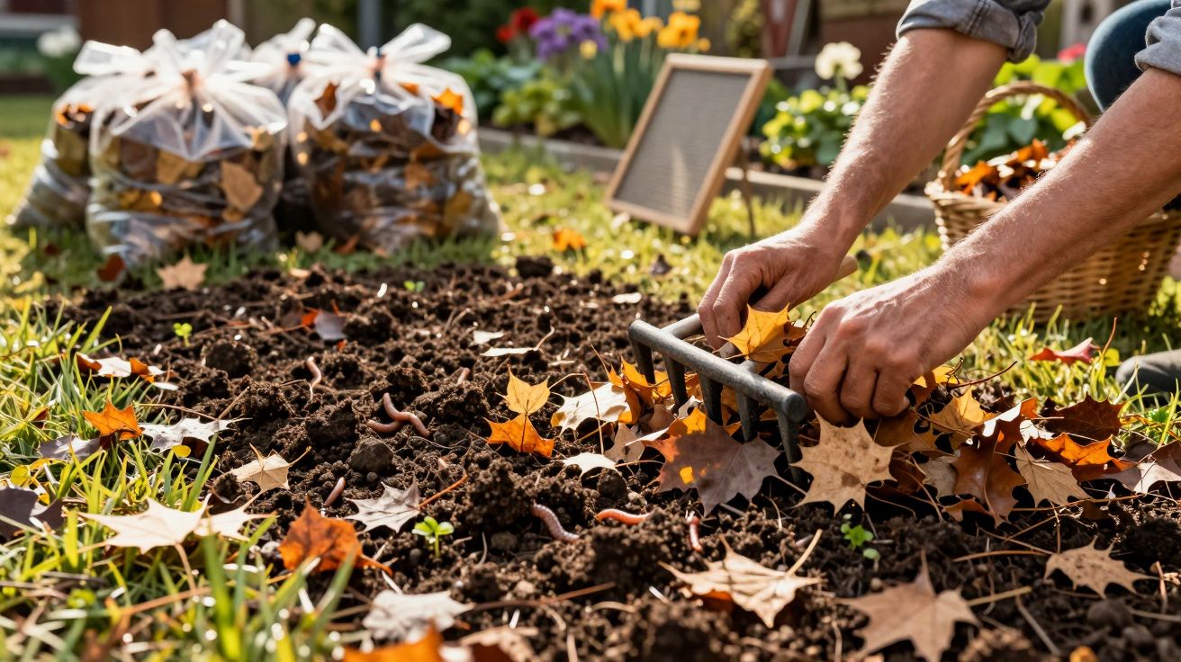 Mãos próximas ao solo utilizando ancinho em jardim, com folhas de outono e sacos de folhas ao fundo.
