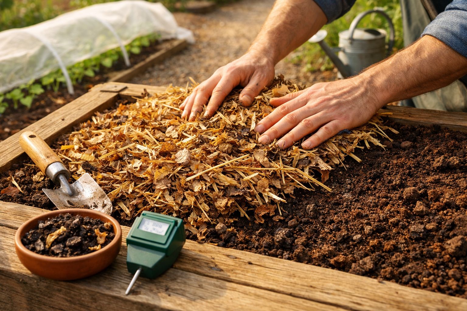 Pessoa a preparar solo com as mãos num jardim, rodeada de plantas jovens e ferramentas de jardinagem.