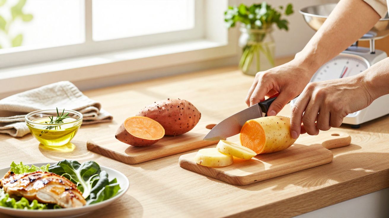 Pessoa a cortar batata e batata-doce numa cozinha clara com plantas e balança ao fundo.