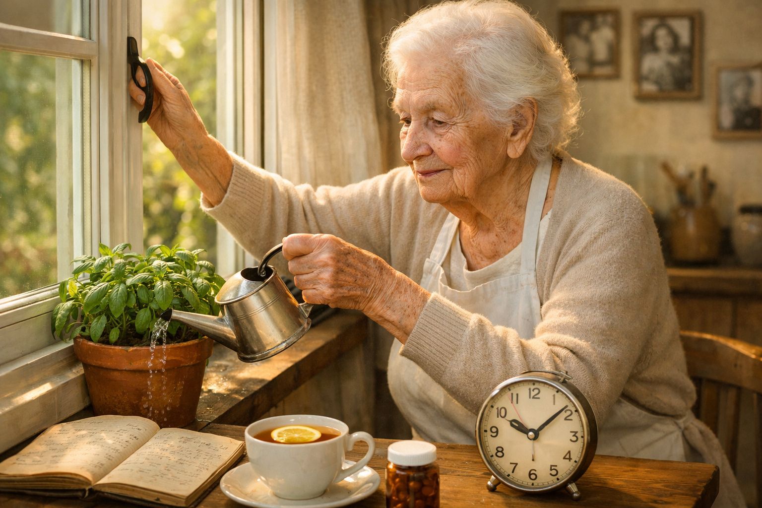Idosa tomando chá e olhando pensativa, sentada à mesa com tomates, pão, bloco de notas e calendário.