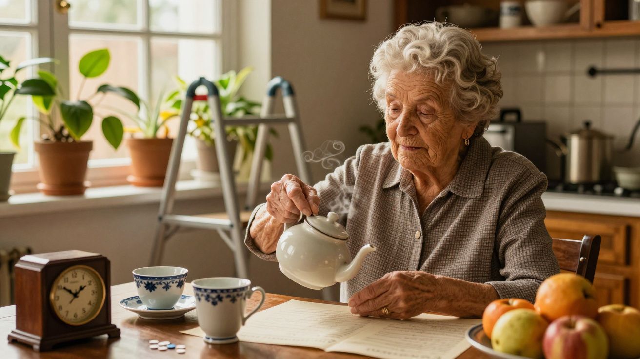 Idosa serve chá em cozinha iluminada, rodeada de plantas e fruta. Mesa com chávenas, relógio e jornal.