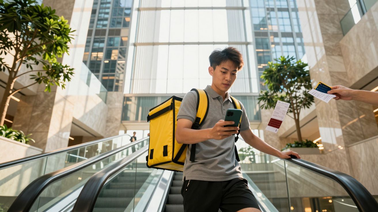 Entregador com mochila amarela desce escada rolante num edifício moderno, enquanto usa o telemóvel.