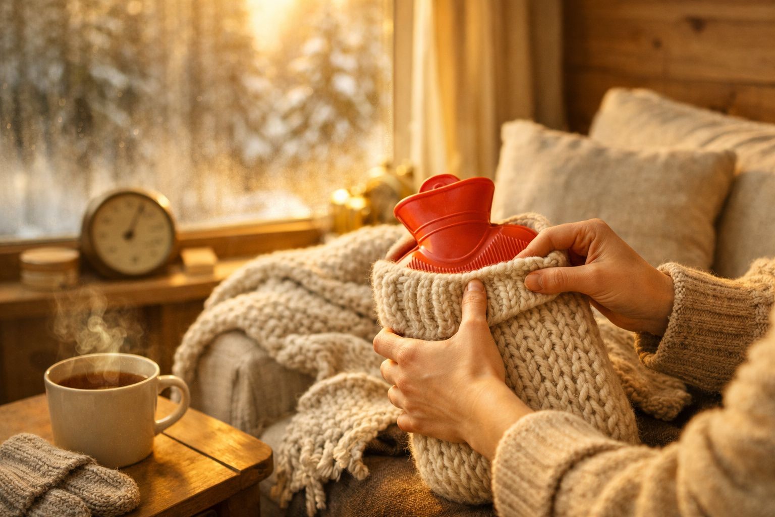 Mulher sentada no sofá com cobertor, ao lado de janela ensolarada, plantas e chávena sobre a mesa.