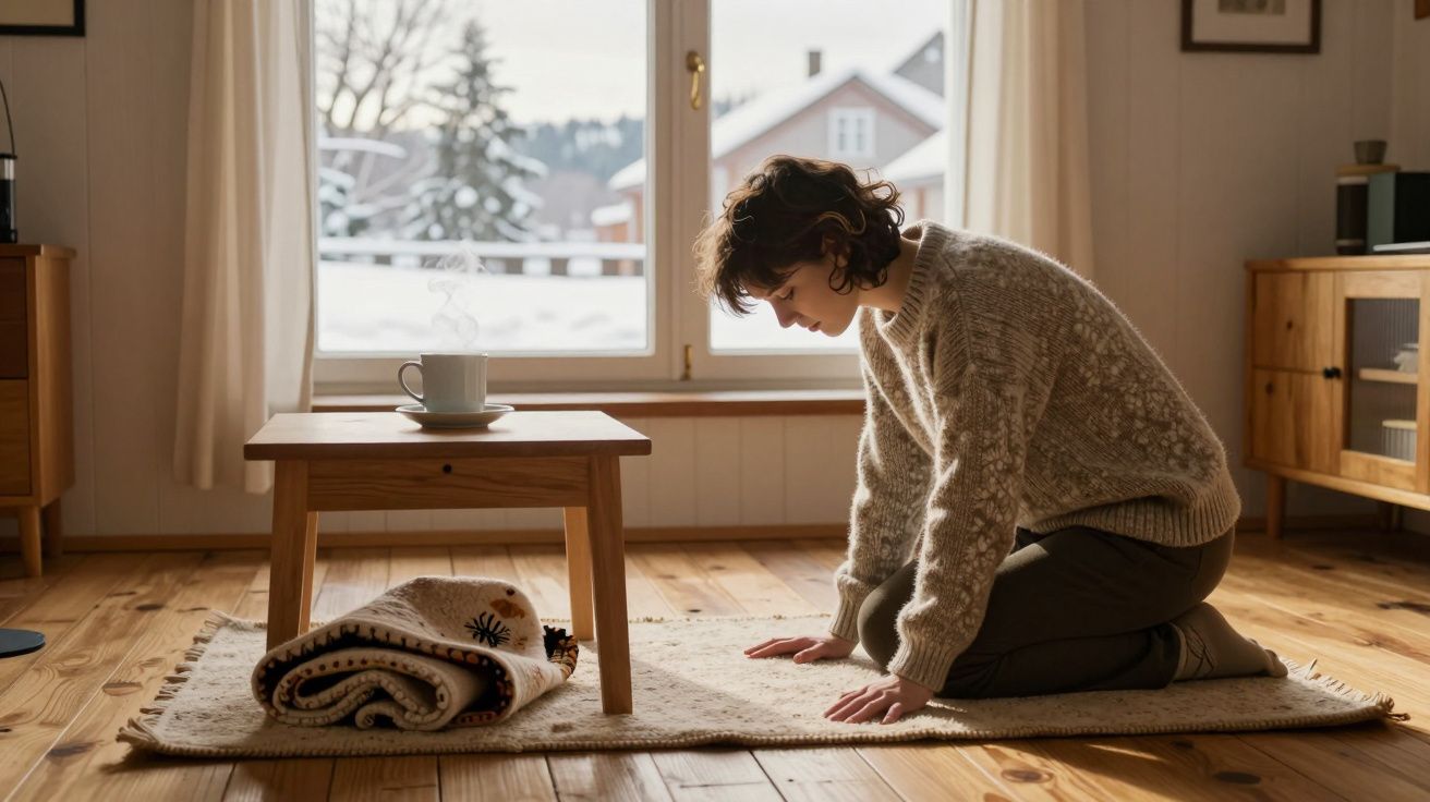 Pessoa ajoelhada num tapete, ao lado de uma mesa de madeira com uma chávena de café; janela com neve ao fundo.