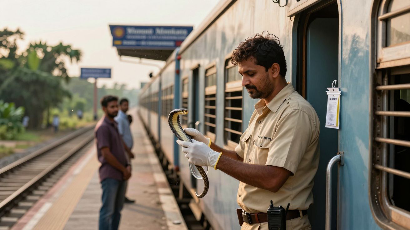 Homem uniformizado segura uma cobra na mão à porta de um comboio estacionado na plataforma de uma estação.