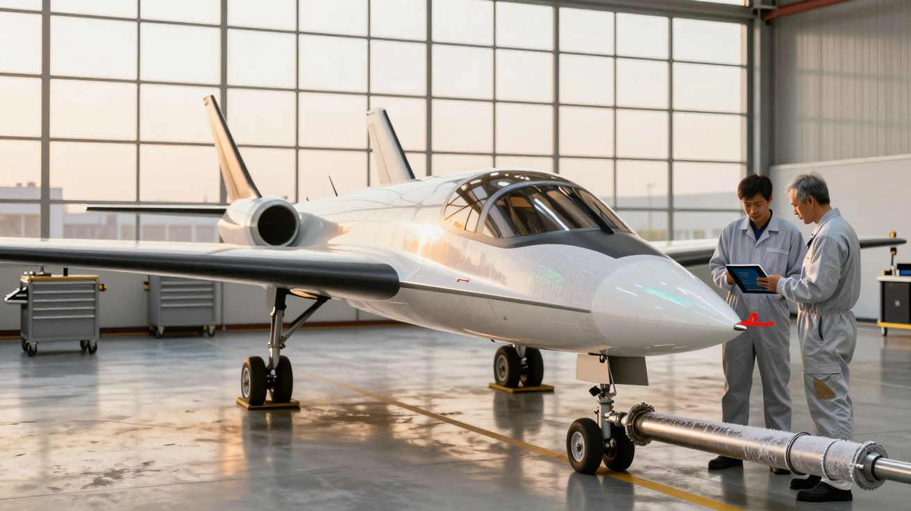 Dois engenheiros examinam um jato branco num hangar bem iluminado ao amanhecer.