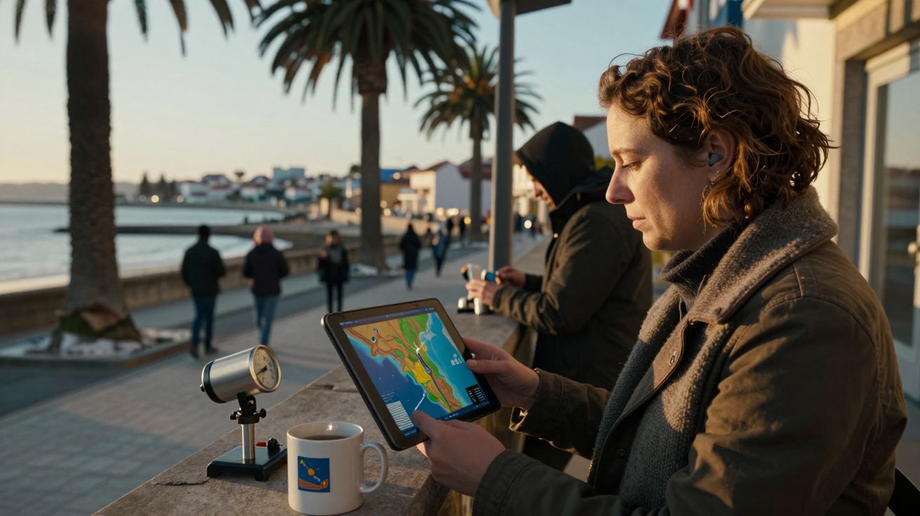 Pessoa observa um tablet com mapa à beira-mar, ao pôr-do-sol, com palmeiras ao fundo e pessoas a passear.