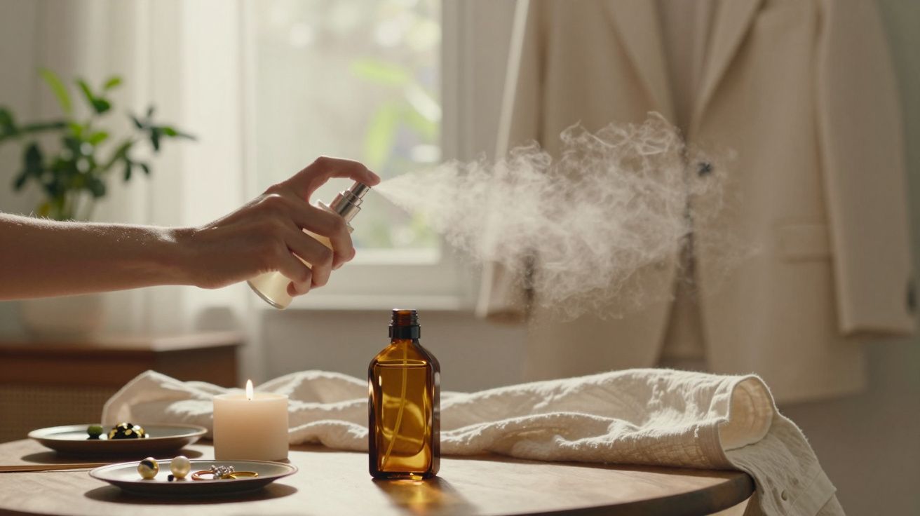 Mão a pulverizar spray junto a frasco âmbar, com uma vela acesa e pratos com acessórios numa mesa de madeira.