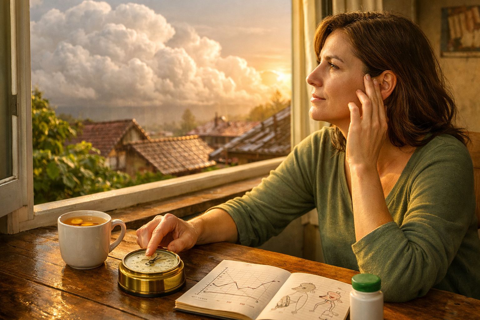 Pessoa pensativa segurando um telemóvel junto à janela, com uma chávena de café ao lado.