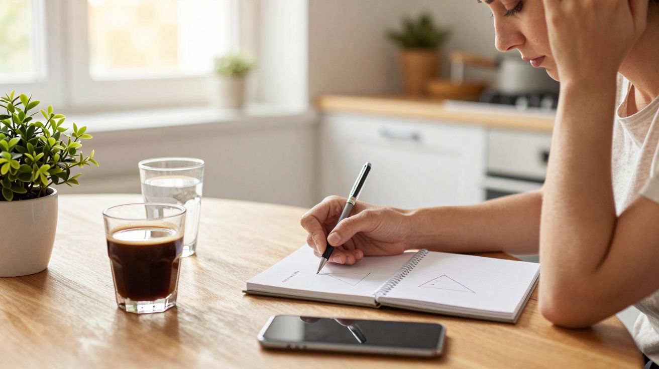 Mulher a estudar com caderno na cozinha, café e telemóvel na mesa.