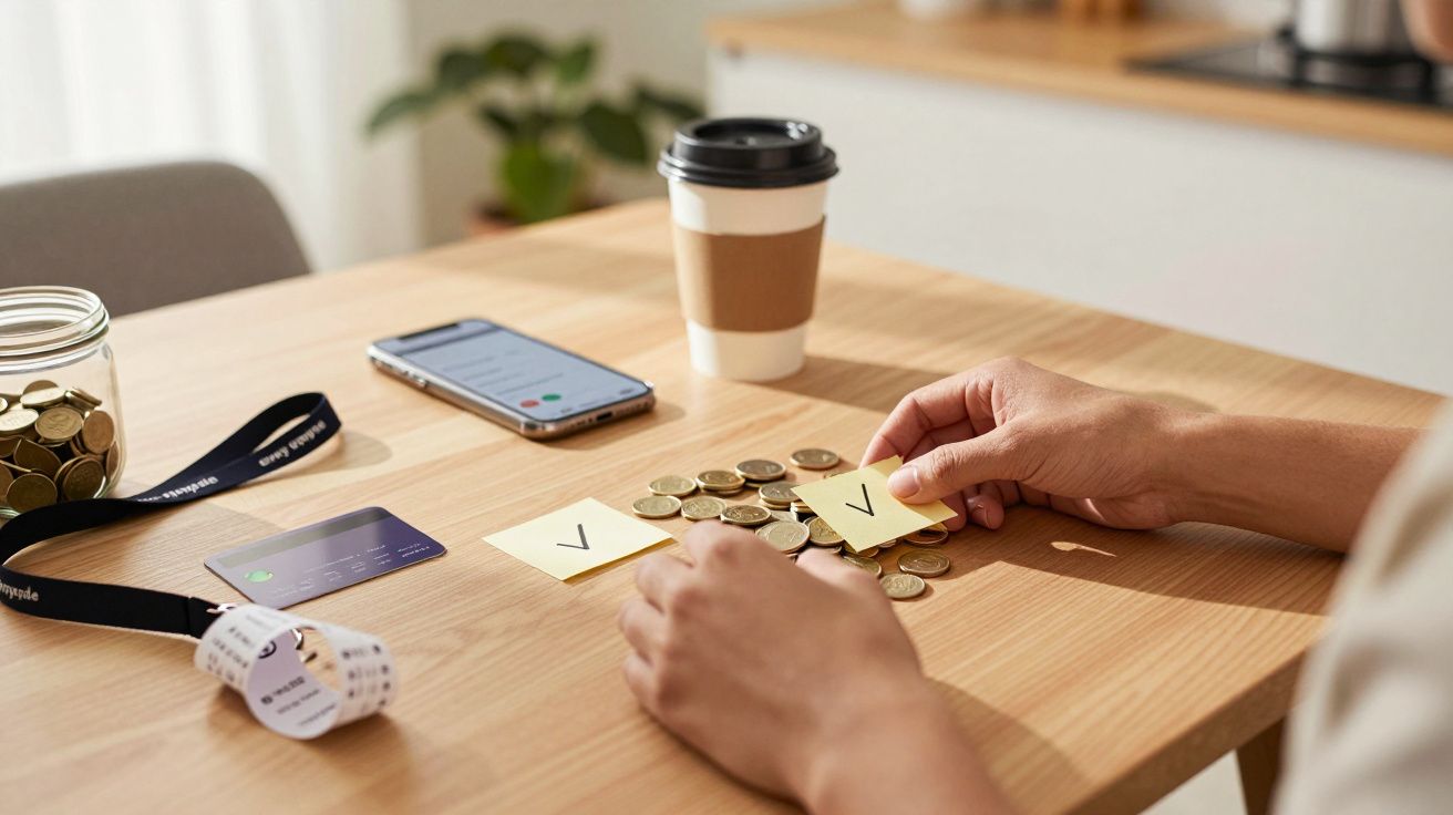 Pessoa organizando moedas em nota adesiva, com café e telemóvel sobre a mesa.