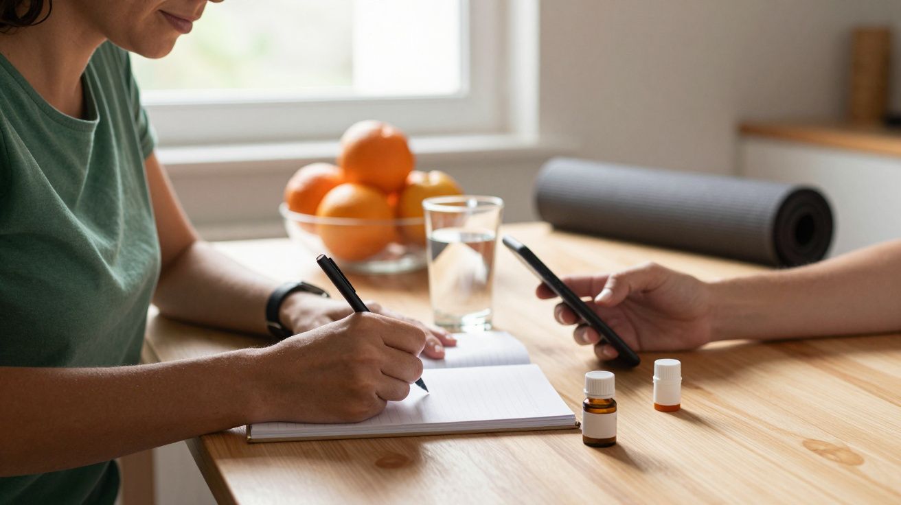 Pessoa escreve num caderno em cima da mesa com medicamentos, fruta e copo de água.