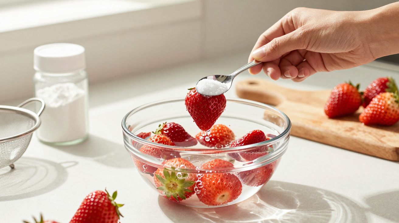 Mão segurando colher com açúcar sobre tigela de morangos em água, com outros morangos ao fundo sobre uma tábua de madeira.