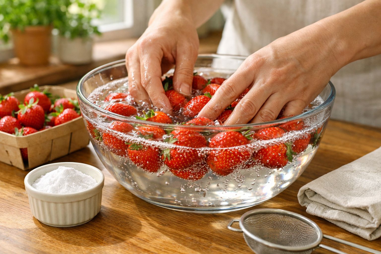 Pessoa lava morangos numa tigela de vidro com água e sabão em cima de uma bancada iluminada pelo sol.