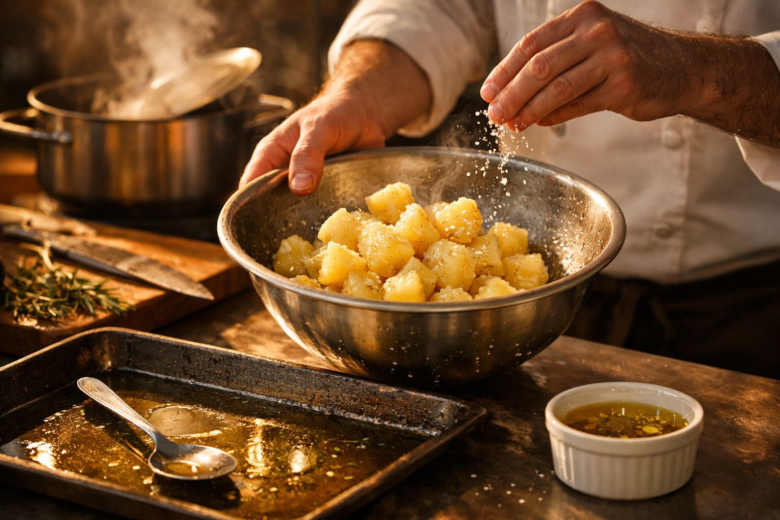 Mãos a adicionar azeite sobre batatas num recipiente de metal, com batatas assadas no tabuleiro em fundo.