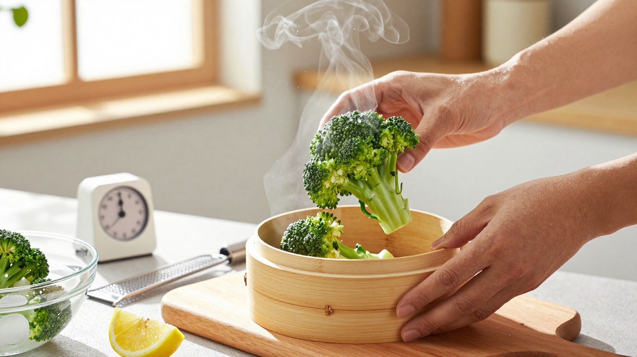 Mãos colocando brócolos a vapor em uma cesta de bambu, com tigela, ralador, limão e temporizador ao fundo.