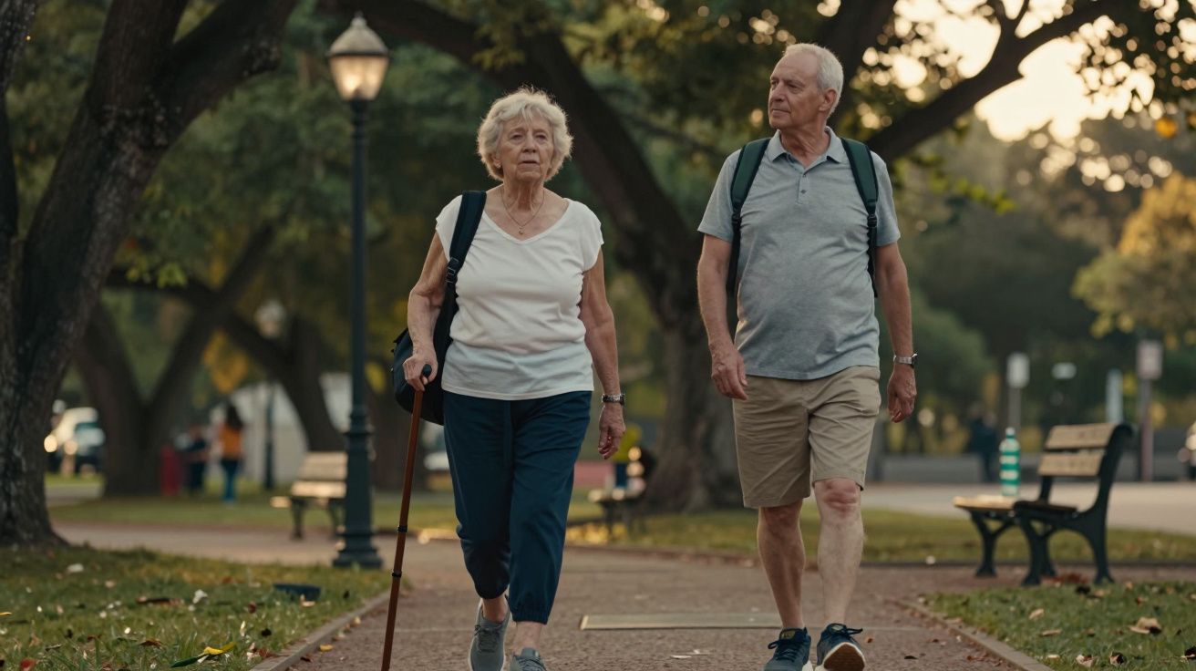 Casal idoso a caminhar num parque arborizado, mulher com bengala, ao anoitecer com bancos e uma lanterna ao fundo.