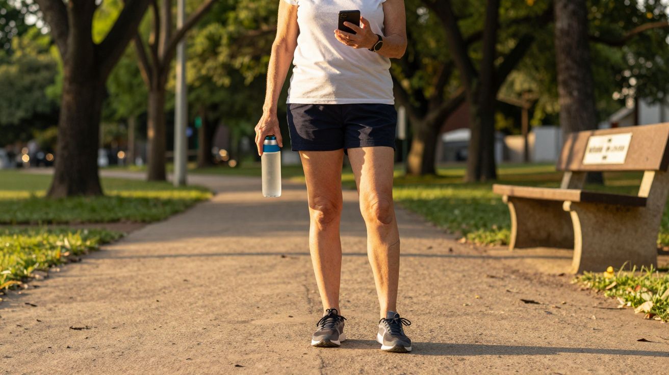 Pessoa a caminhar num parque, segurando uma garrafa de água e um telemóvel, com árvores e bancos ao fundo.