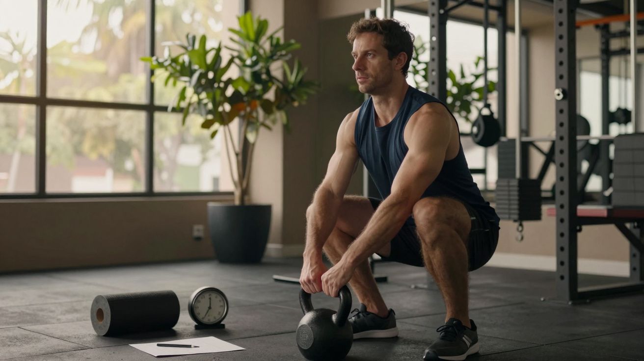 Homem agachado numa sala de ginásio, segurando um kettlebell. Há um relógio, um rolo de espuma e plantas ao fundo.