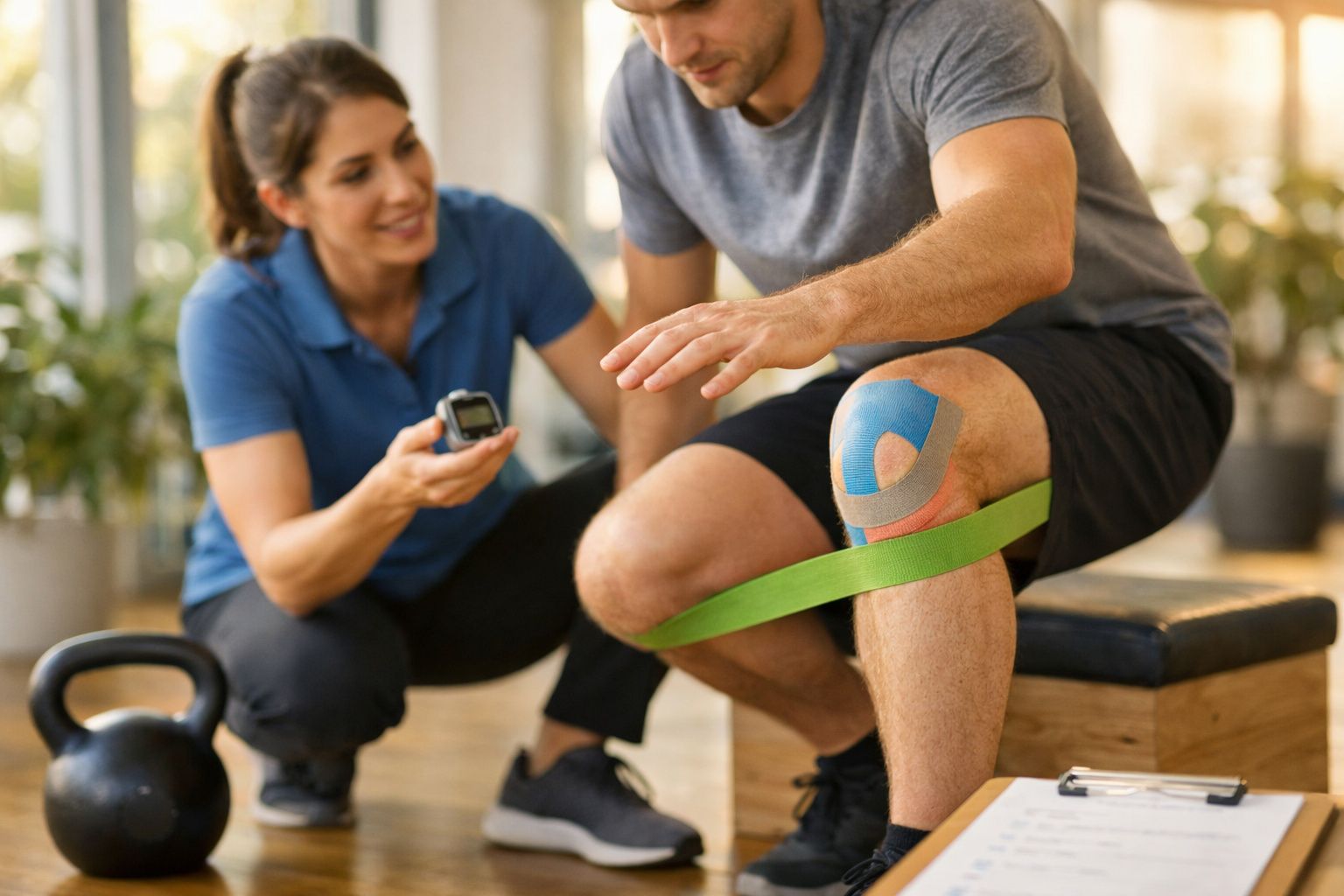 Fisioterapeuta ajuda paciente a fortalecer joelho em exercício, com bloco de madeira e elástico numa clínica.
