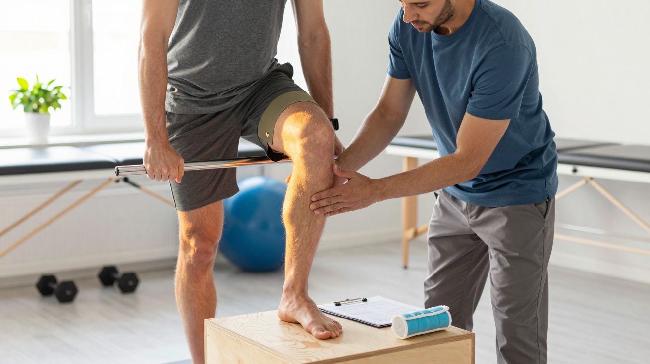 Fisioterapeuta ajuda paciente a fazer exercício de reabilitação com a perna sobre uma caixa, segurando uma barra de equilíbri