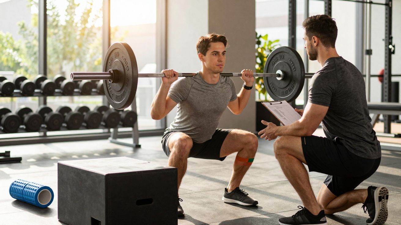 Homem faz agachamento com barra, orientado por treinador em ginásio iluminado.