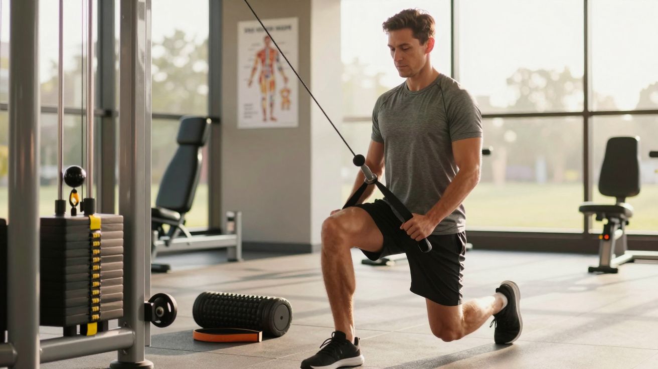 Homem a fazer exercício de resistência com cabo no ginásio, em posição de agachamento, usando roupa desportiva.