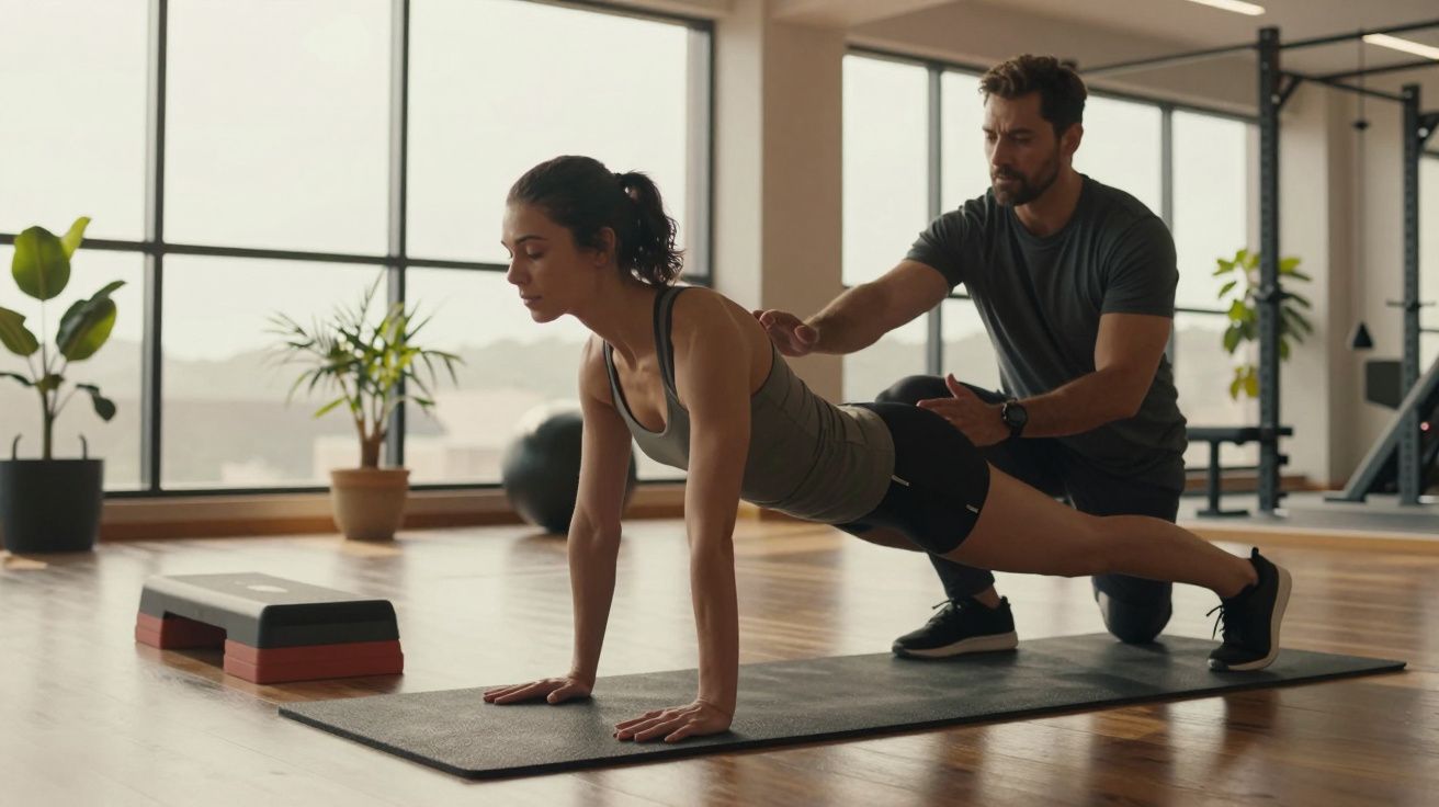 Instrutor ajuda mulher em posição de prancha numa aula de exercício em ginásio iluminado.