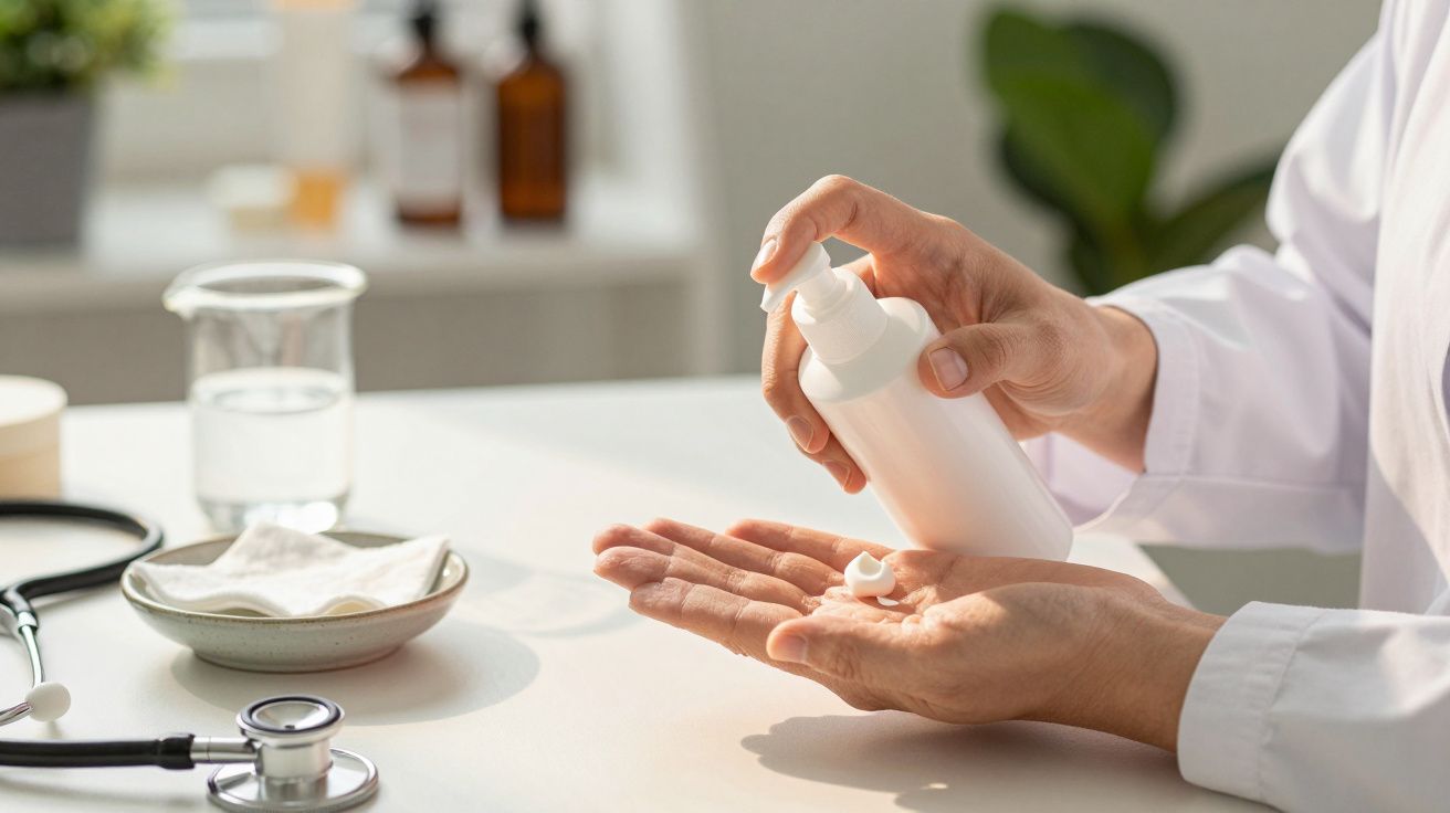 Mãos de médico aplicando desinfetante em local de trabalho com materiais médicos na mesa.