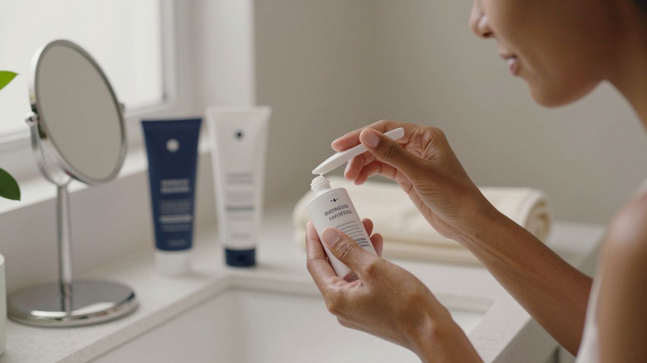 Pessoa aplicando creme num frasco, com produtos de cuidados na casa de banho ao fundo.