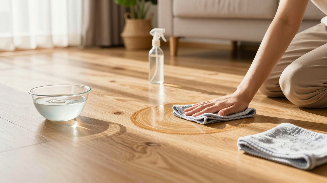 Pessoa a limpar chão de madeira com pano, água e spray, dentro de uma sala ensolarada.