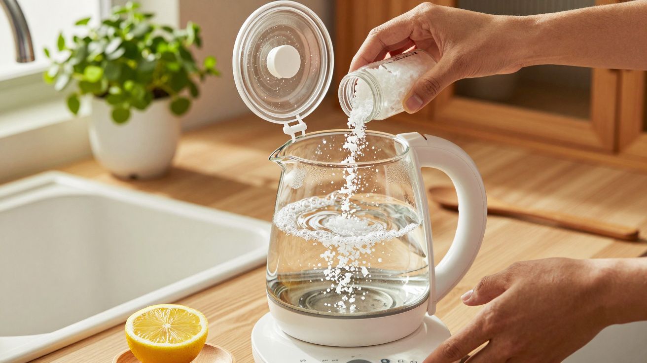 Mão a adicionar sal a uma chaleira de vidro com água, limão cortado ao meio ao lado.