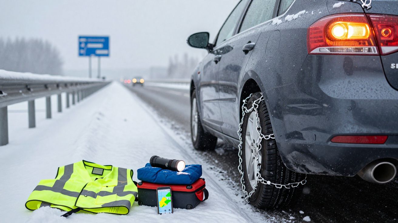 Carro com correntes de neve na autoestrada; colete, lanterna e kit de emergência no chão.