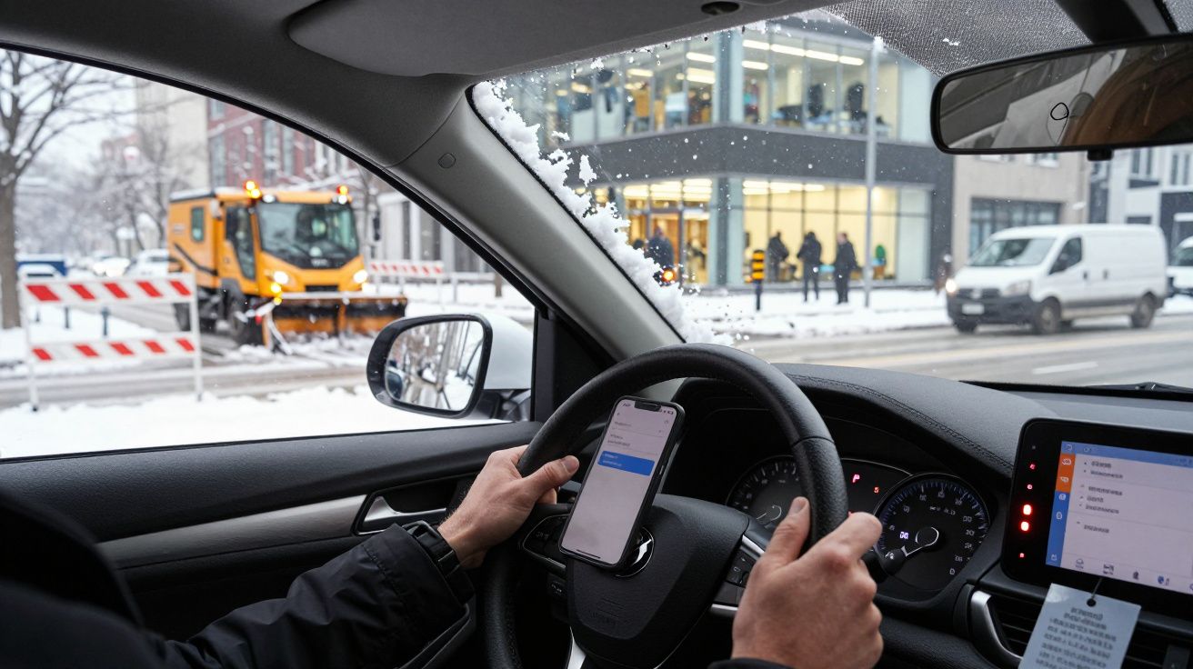Pessoa a conduzir num carro com neve na estrada, vista de um limpa-neves e edifícios ao fundo.