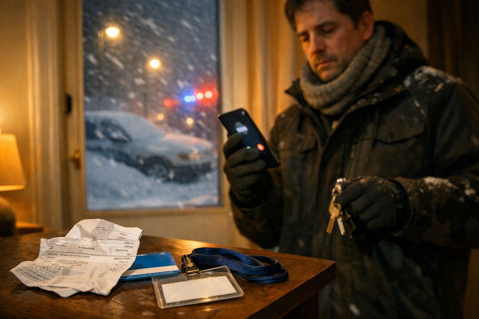 Homem angustiado lê papel junto à janela, neve cai lá fora e carro da polícia estacionado à frente.
