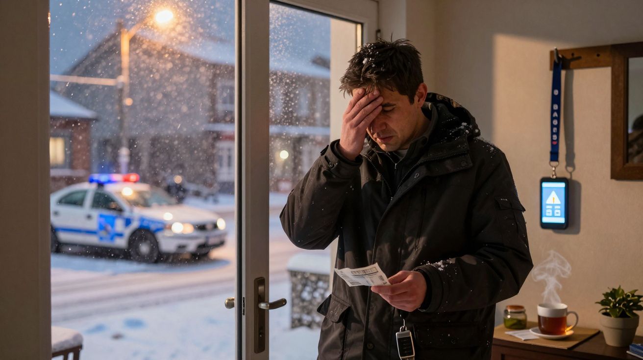 Homem preocupado segura papel, com carro policial e neve lá fora, visto através de uma porta de vidro.