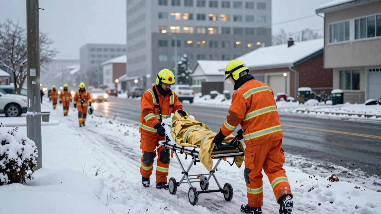Bombeiros com capacetes amarelos transportam uma pessoa numa maca numa rua com neve.