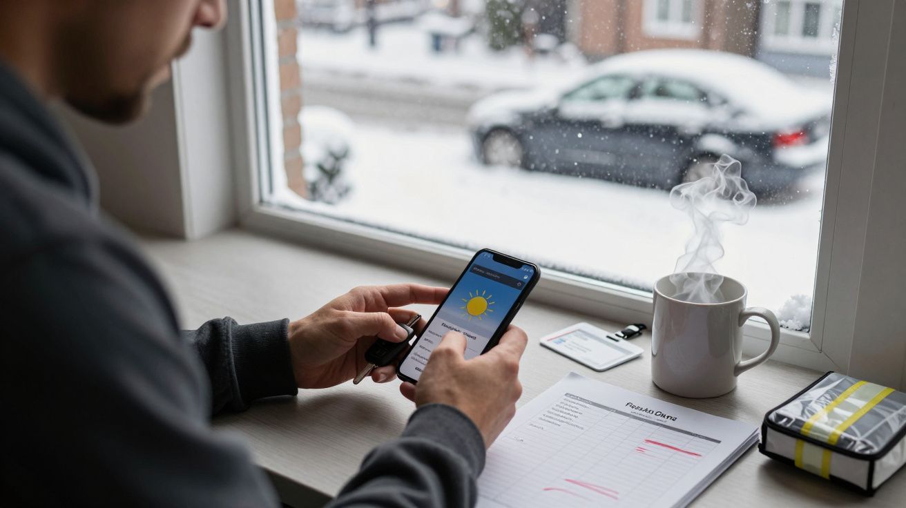 Homem verifica previsão do tempo no telemóvel, à janela com neve lá fora; caneca fumegante e documentos na mesa.