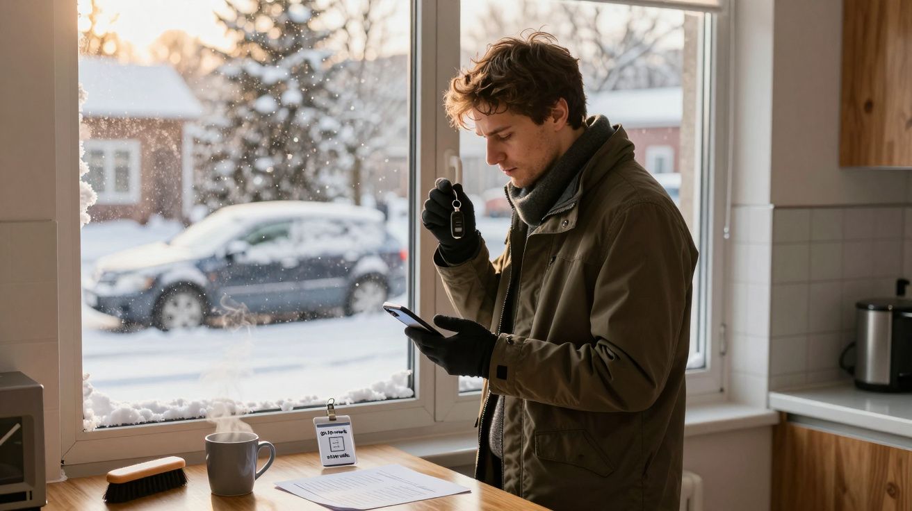 Homem com luvas usa telemóvel junto a uma janela, com neve lá fora e documentos e chá sobre uma mesa.