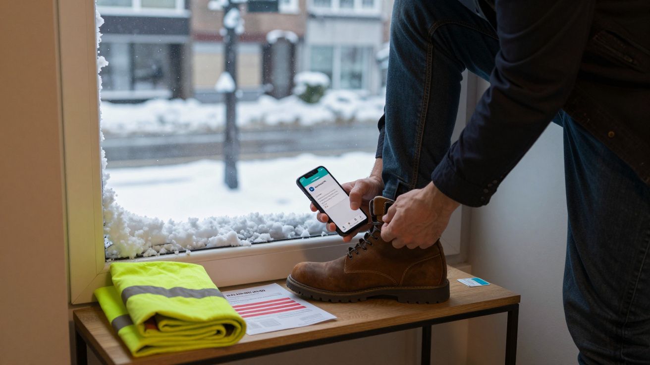Homem a calçar botas junto a janela com neve, segurando um smartphone; colete amarelo e papéis sobre mesa.