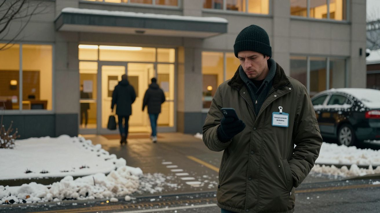 Homem de gorro usa telemóvel na rua em frente a um edifício com neve. Outras pessoas ao fundo, carro à direita.