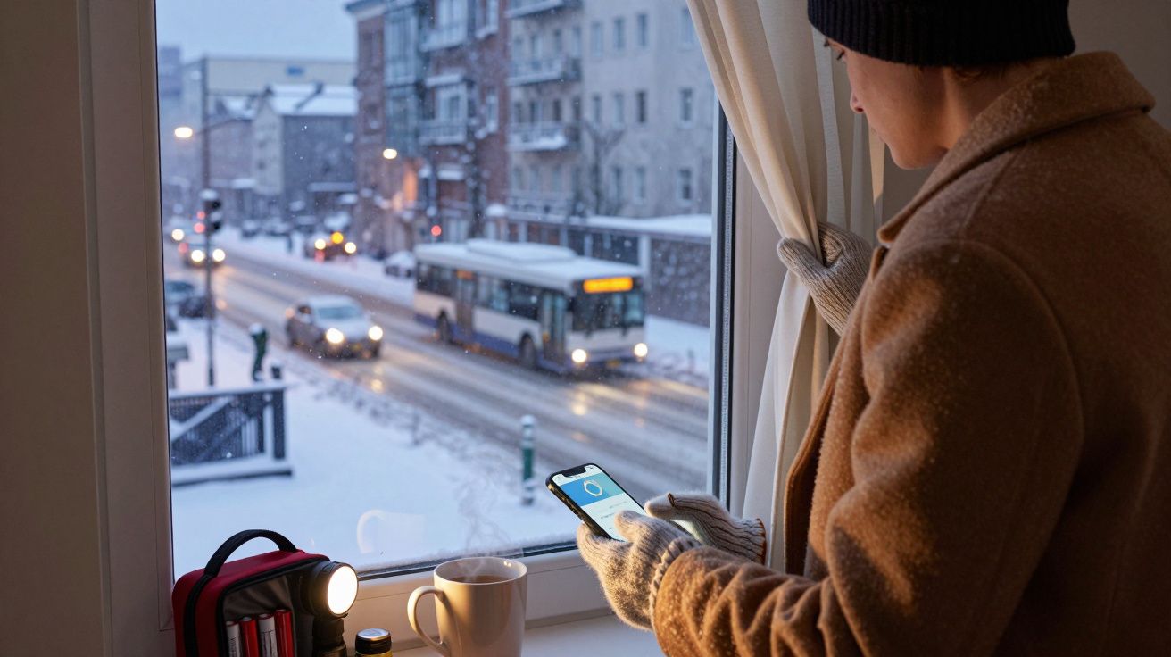 Pessoa em casa a olhar pela janela, segurando um telemóvel. Rua nevada lá fora com trânsito e edifícios.