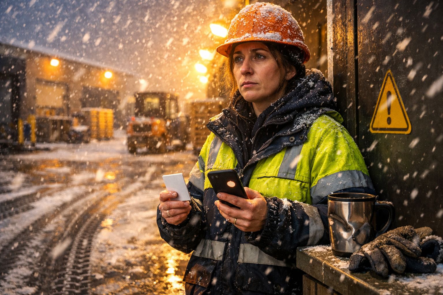 Homem em casaco refletor verifica telemóvel ao lado de carro com neve, com empilhador e armazém ao fundo.