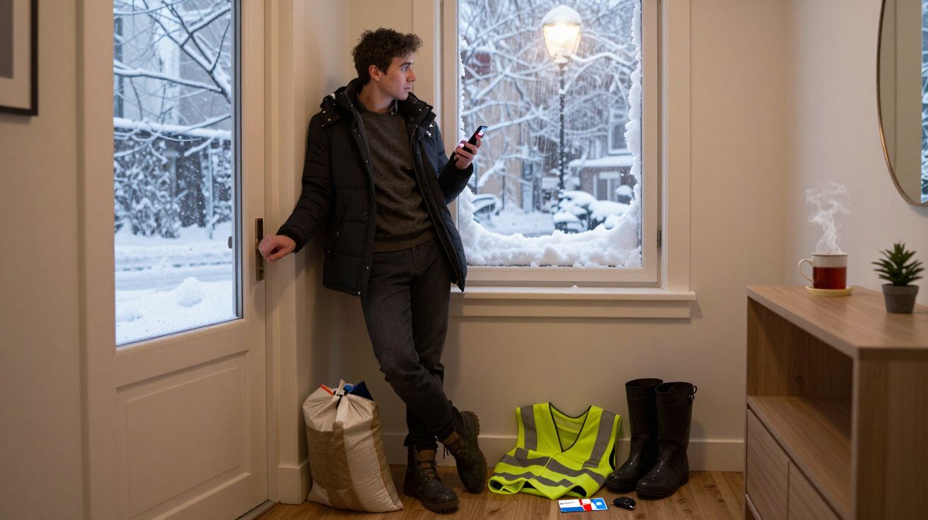 Homem junto à porta, olhando o telemóvel, com neve lá fora. Casaco, botas e colete refletores no chão.