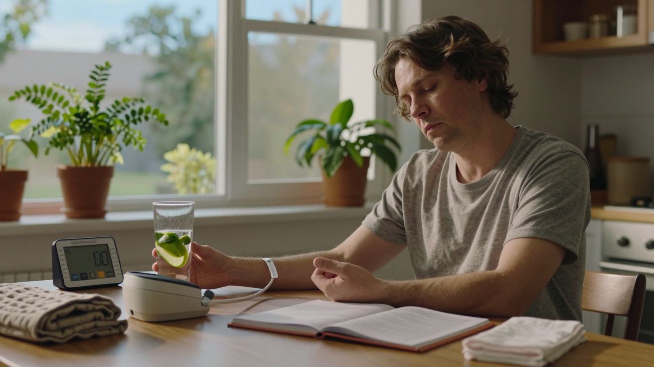 Homem sentado à mesa da cozinha, medindo a tensão arterial com um copo de água ao lado.