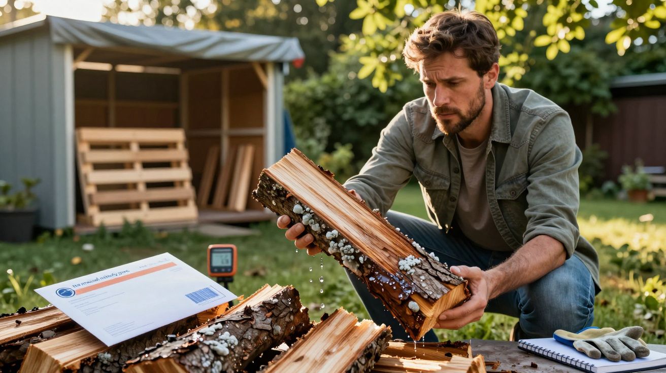 Homem inspeciona troncos cobertos de fungos num jardim, ao lado de um galpão. Ferramentas e documentos ao seu redor.